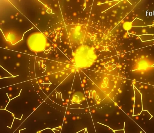 ფრთხილად, ქალწულებო! რა არ უნდა გააკეთოთ აპრილში Golden zodiac wheel with astrology symbols and constellations on a glowing background.