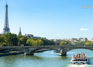 თბილისი პარიზი იაფი ავიაბილეთები: გზამკვლევი ბიუჯეტური მოგზაურობისთვის Paris river cruise on the Seine with Eiffel Tower in background.